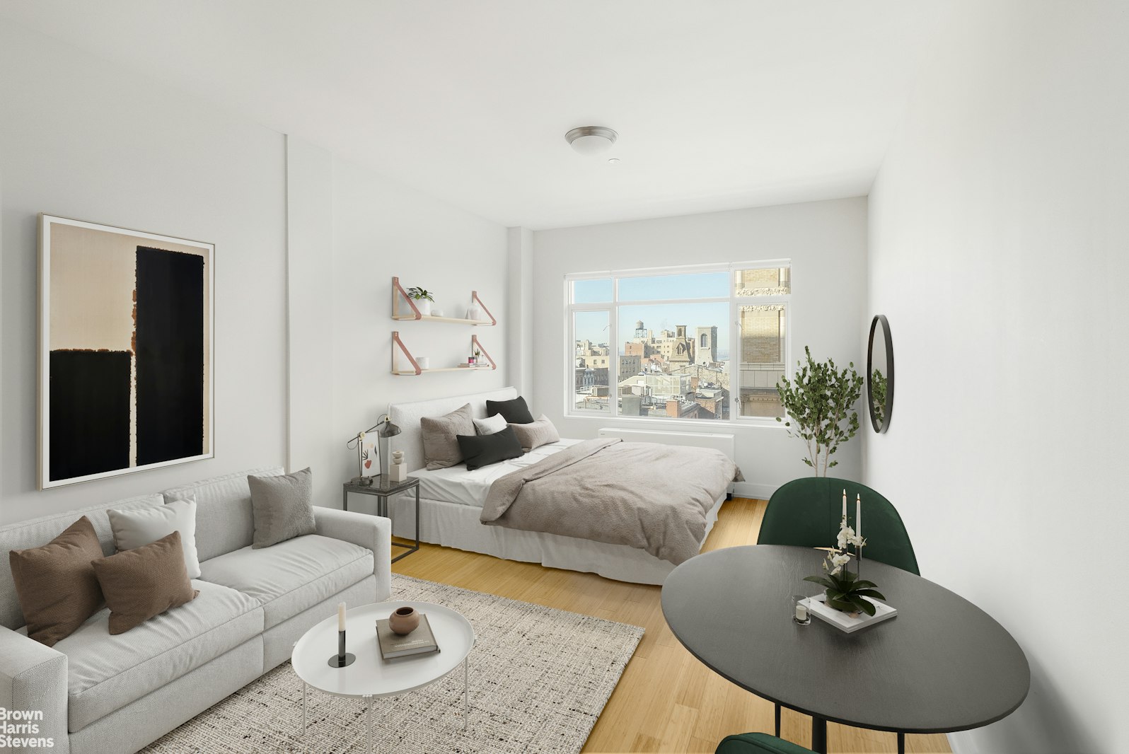 a living room with furniture and a potted plant