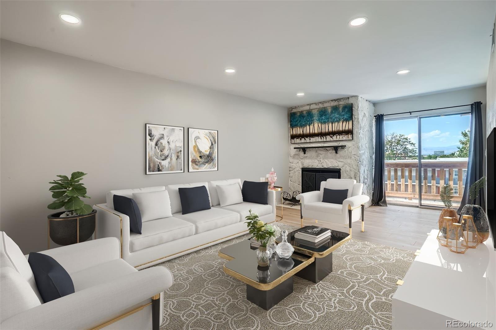 a living room with furniture large window and a table