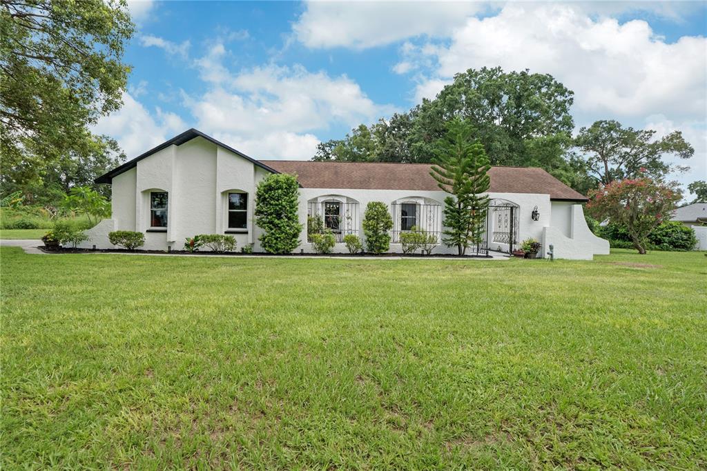 a front view of house with yard and green space