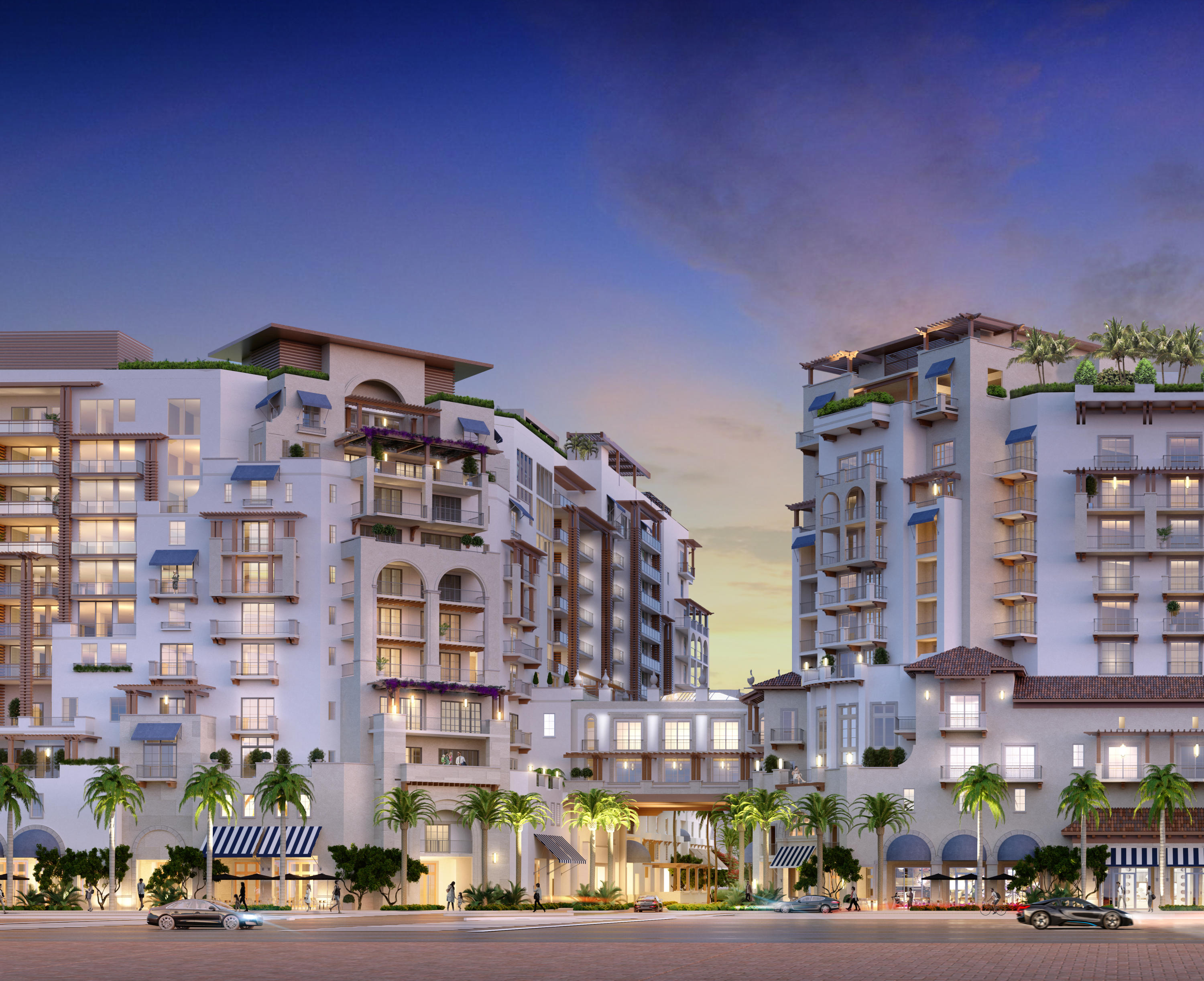 a front view of multi story residential apartment building with a yard