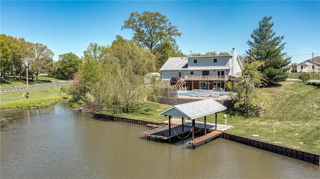 a view of a lake with a patio