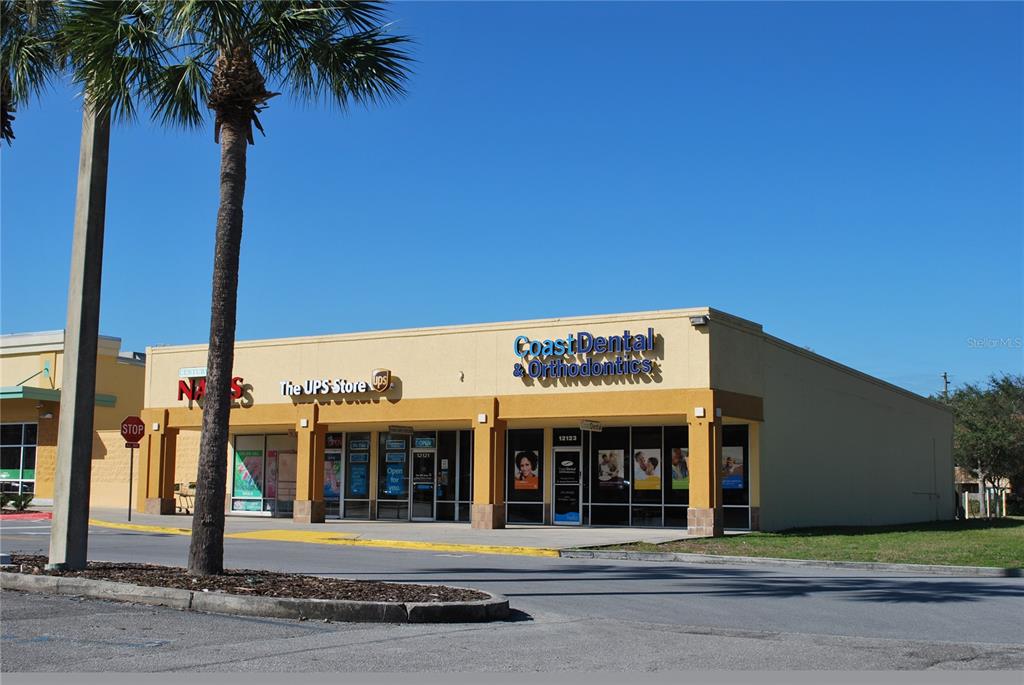 a view of a building with a palm tree