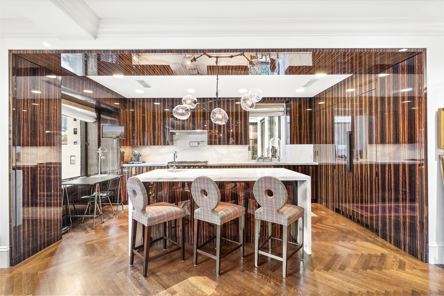 a view of a dining room with furniture