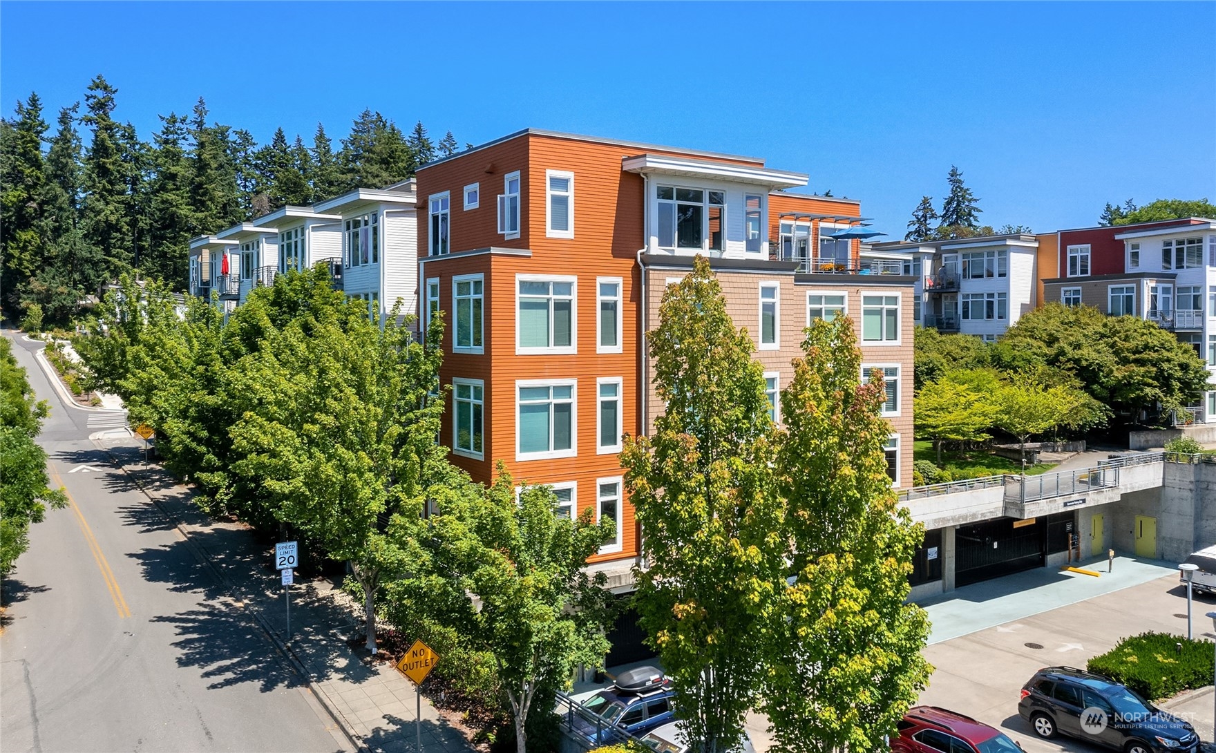 a front view of a multi story building