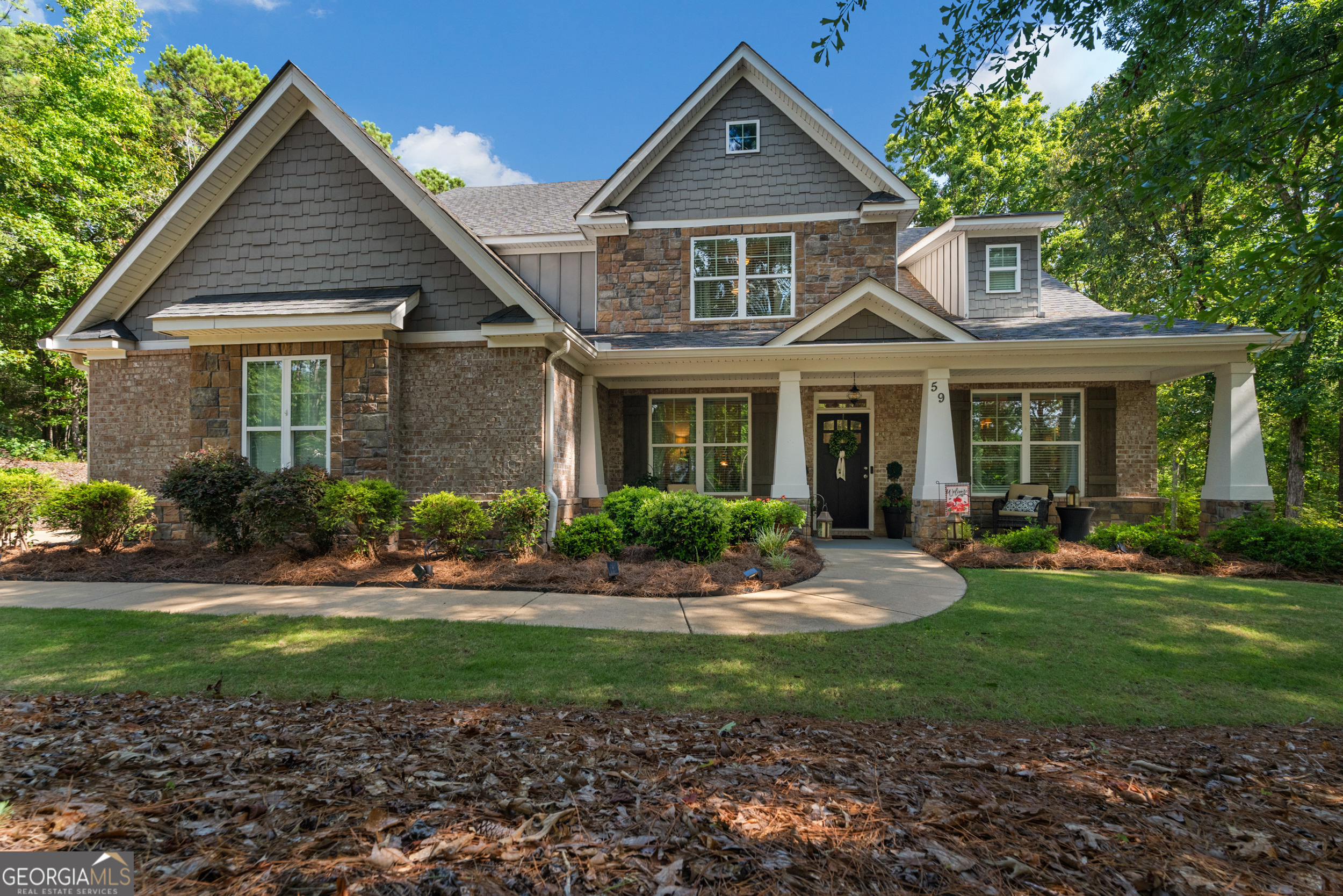 a front view of a house with yard and green space