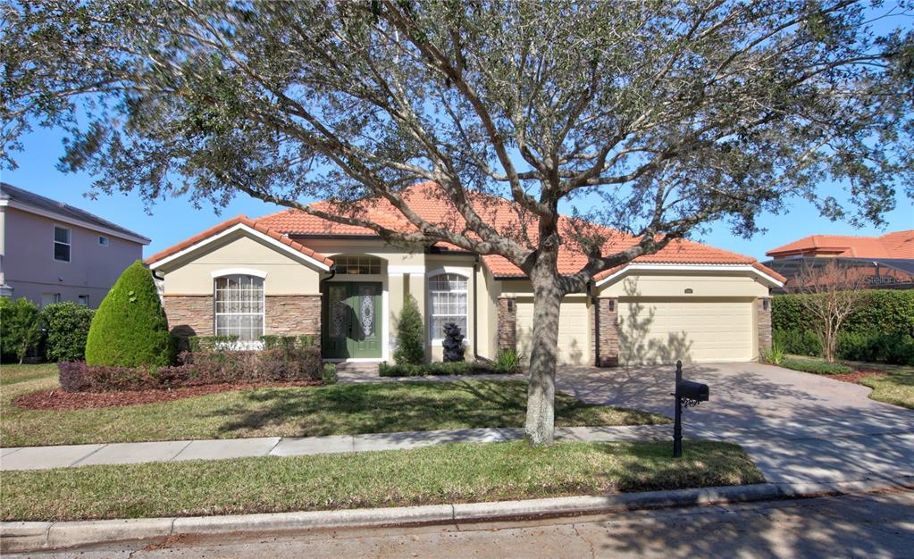 a front view of a house with a yard and large tree