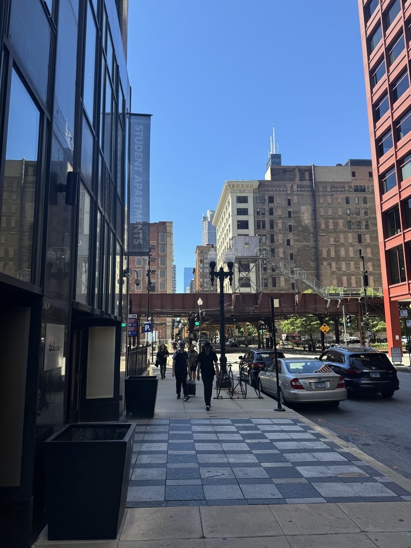 a city view with tall buildings