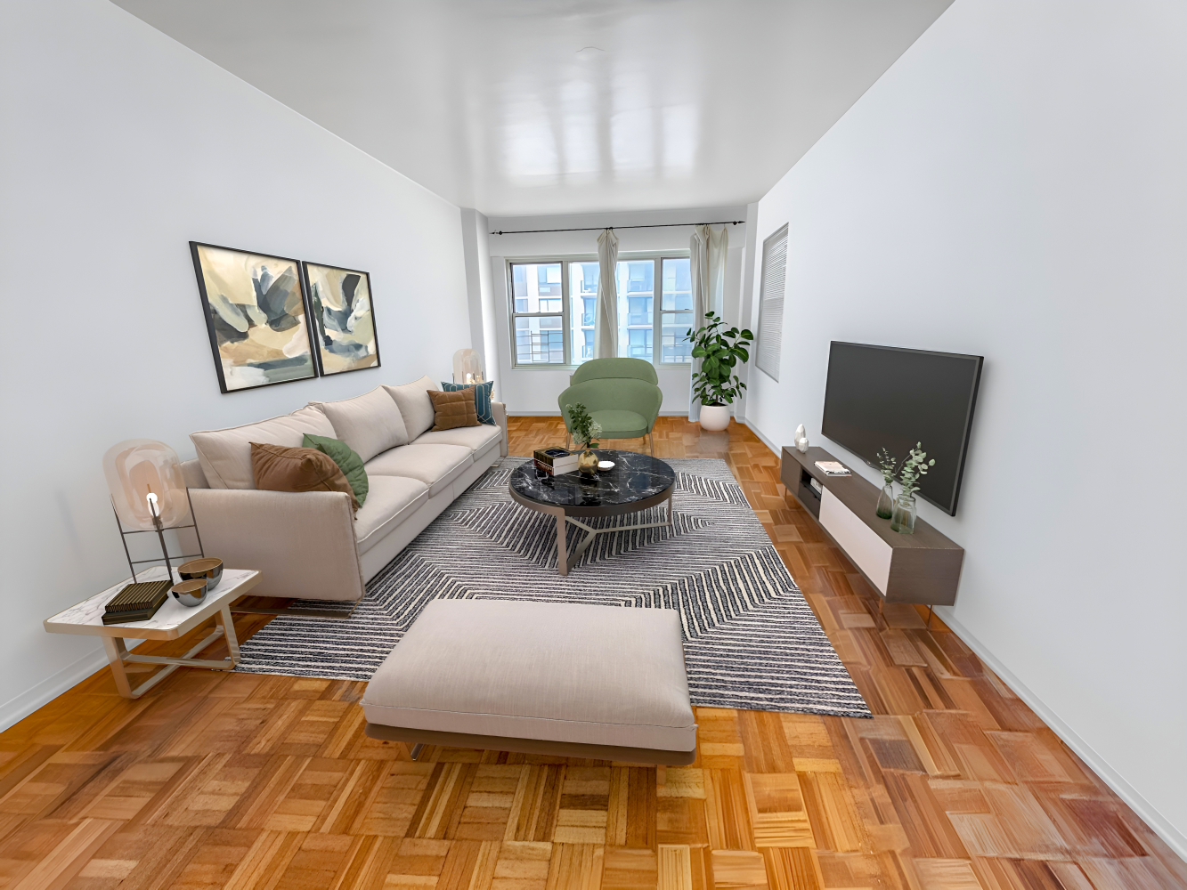 a living room with furniture a flat screen tv and a floor to ceiling window