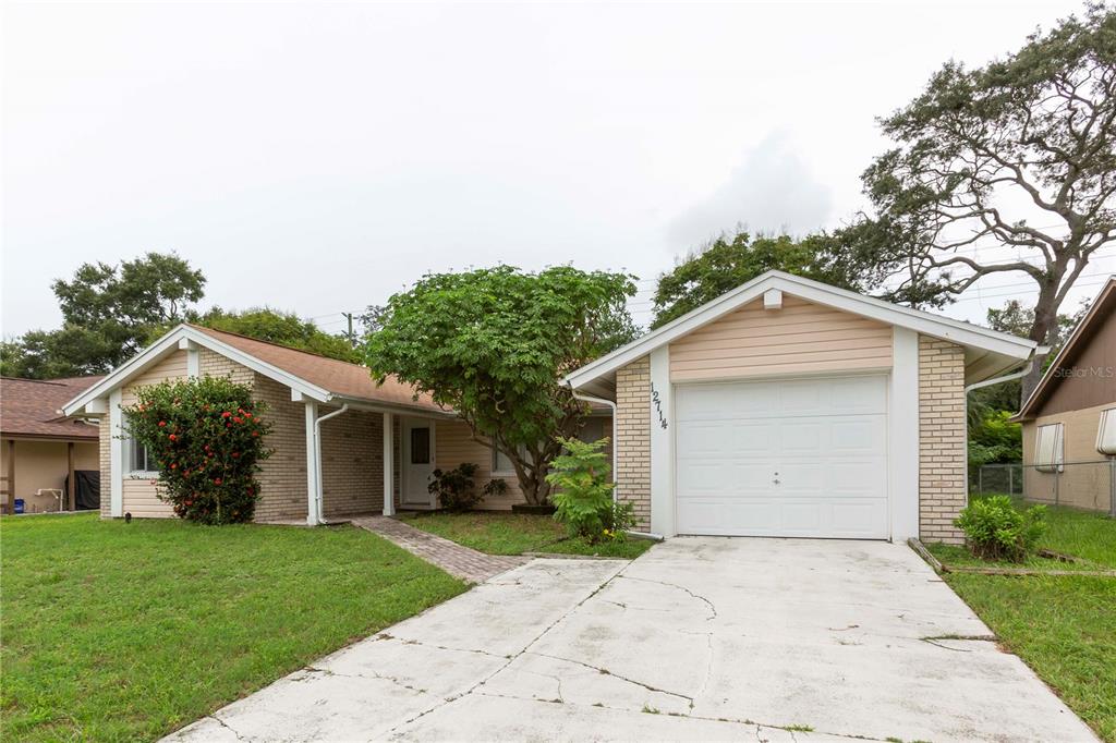 a view of a house with a yard and large tree