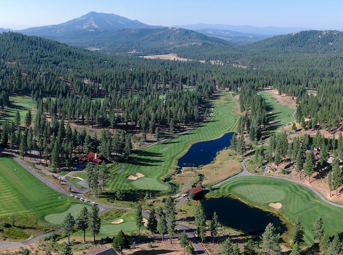 an aerial view of green landscape with trees houses and mountain view