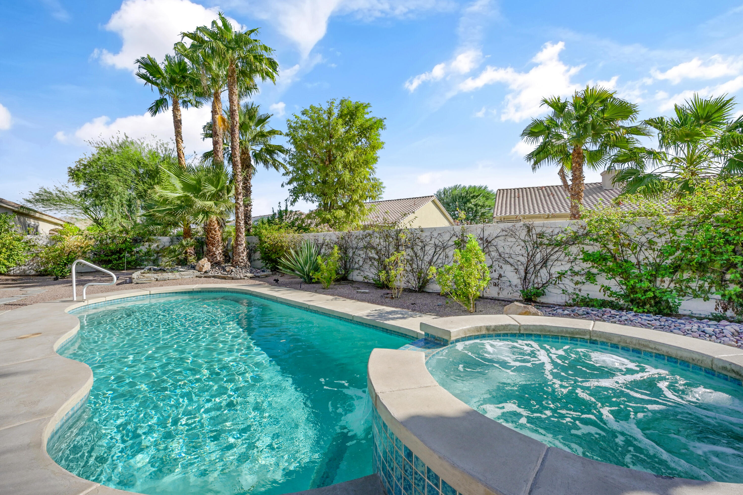 a view of a backyard with plants and a fountain