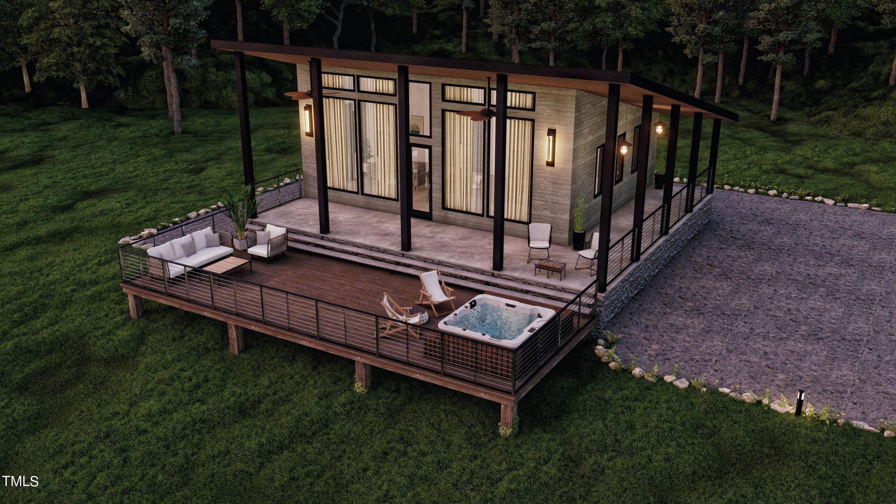 a view of a backyard with wooden deck and garden