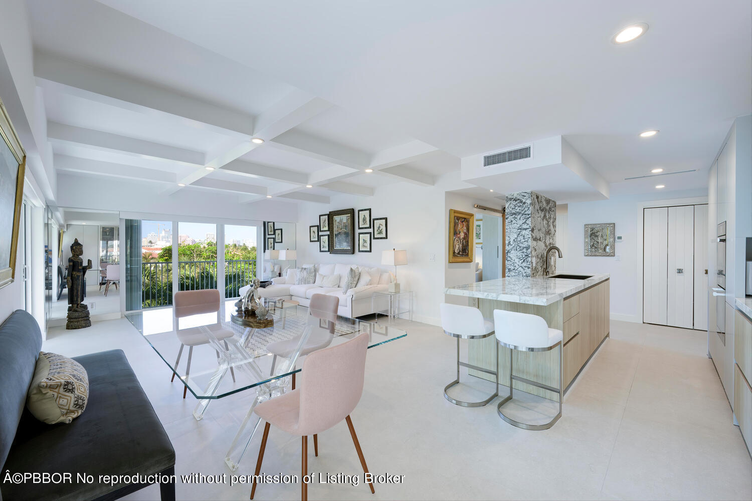 a living room with furniture and a table