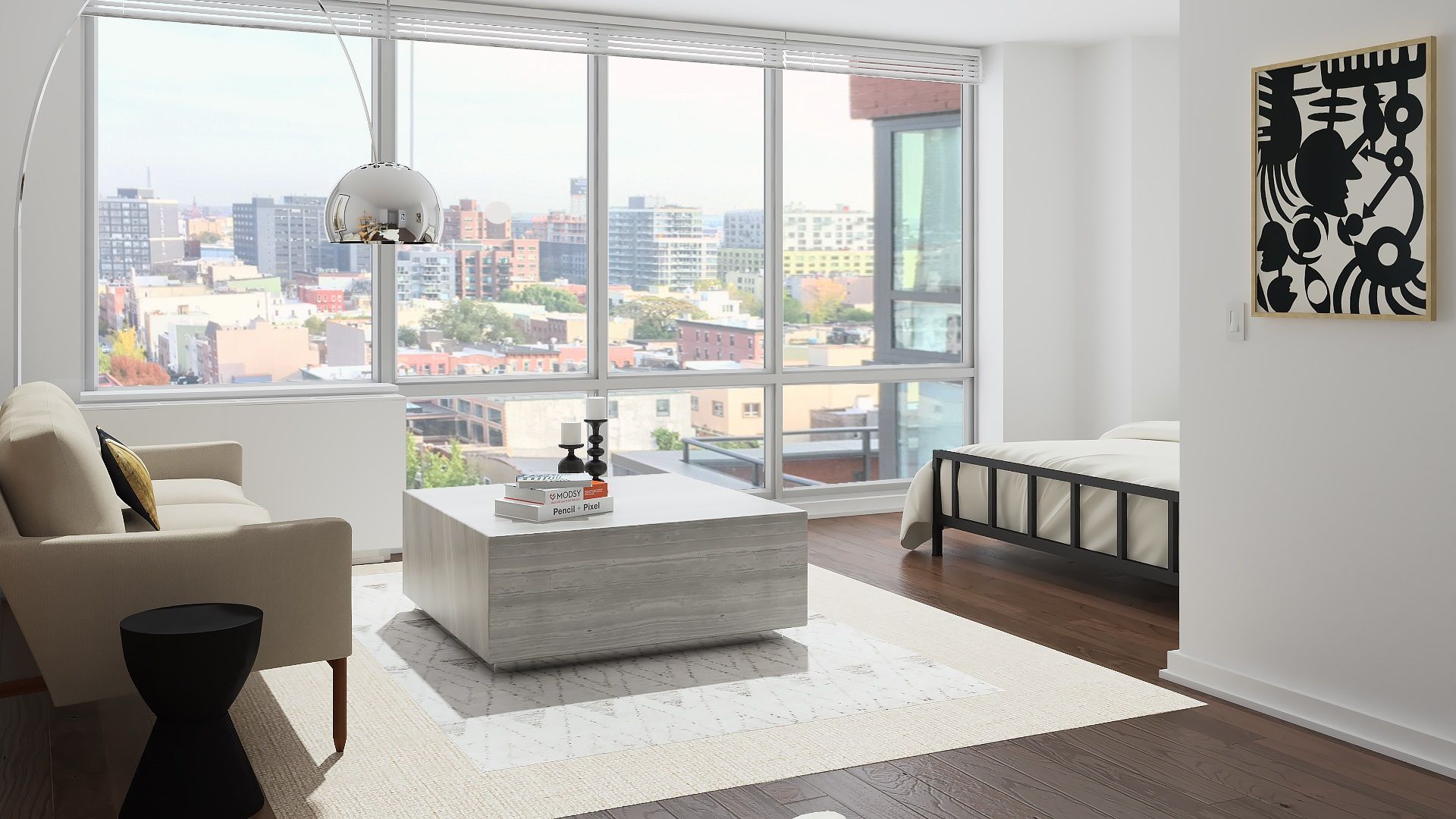 a living room with furniture and a large window