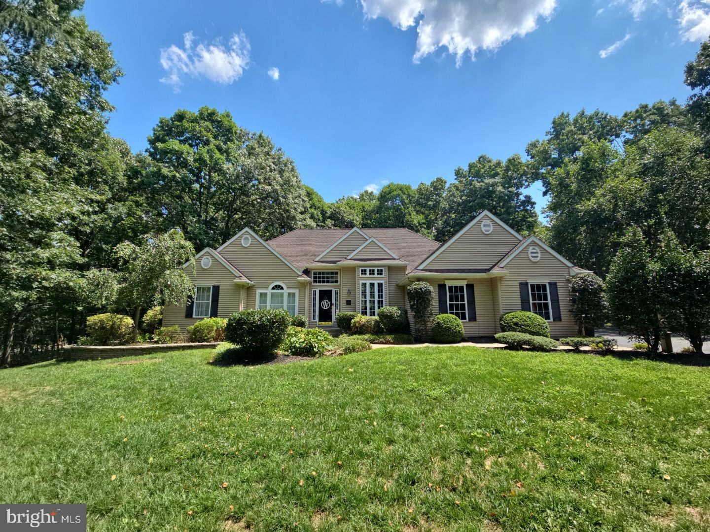 a front view of a house with a yard and green space