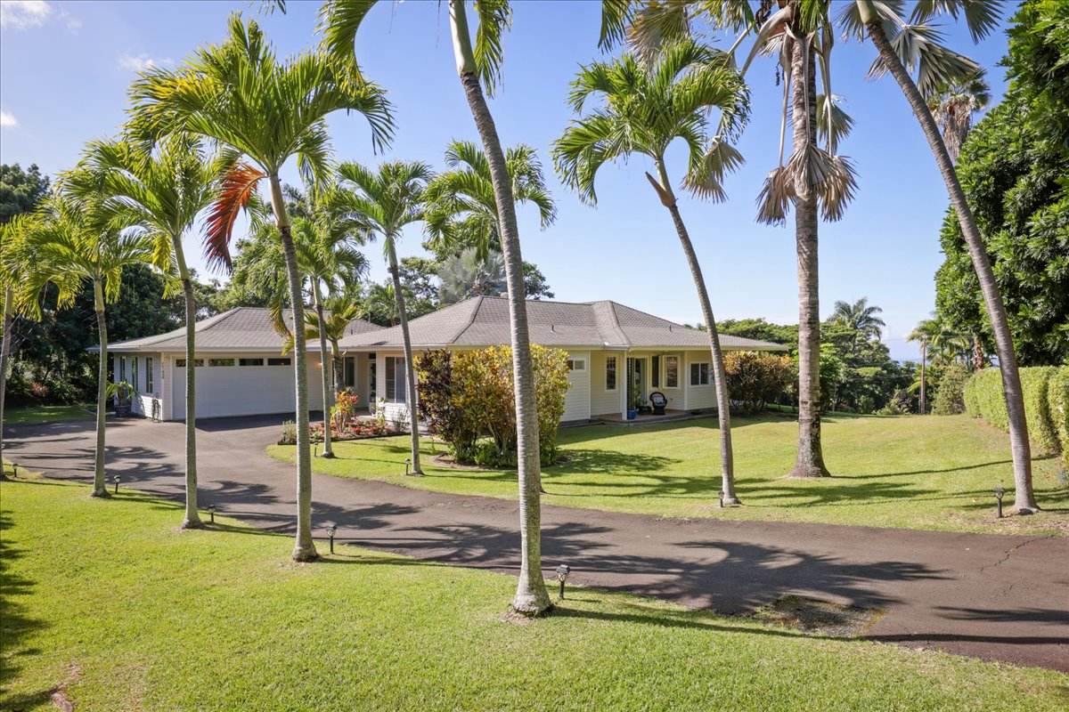 Palm-lined drive to this one-level home with no stairs.