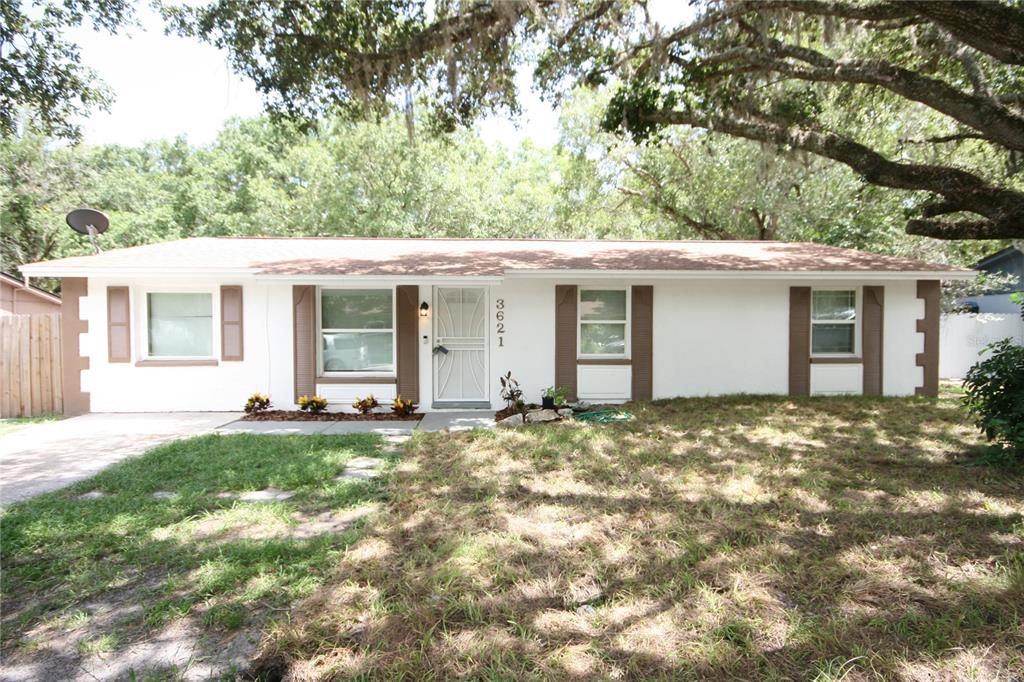 a view of a house with a yard and large tree