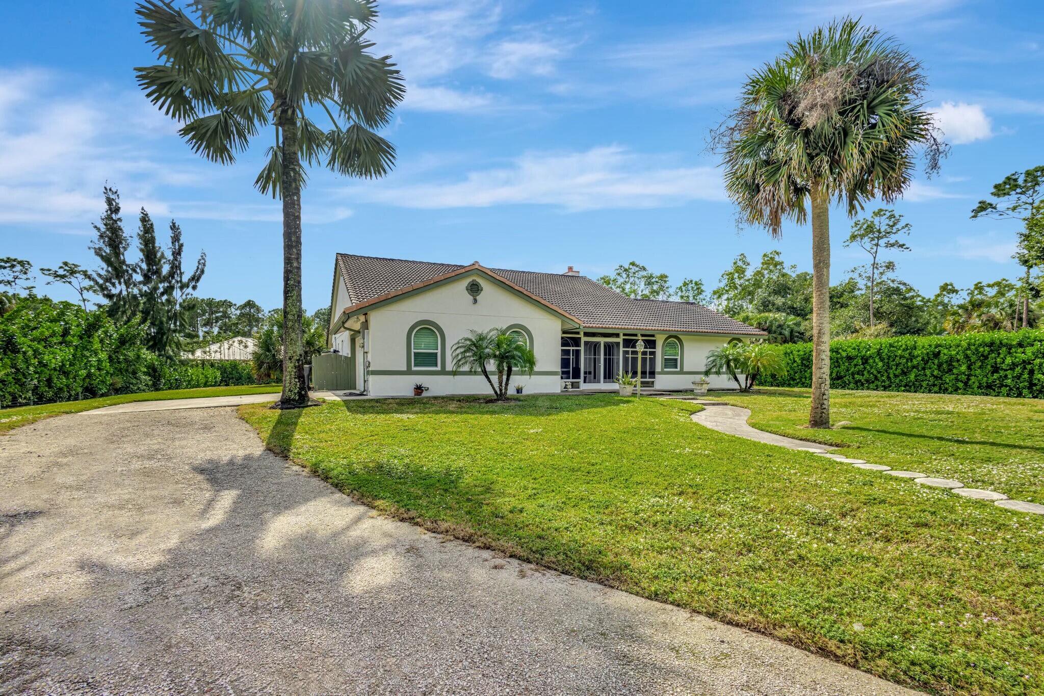 a view of house with garden and palm trees