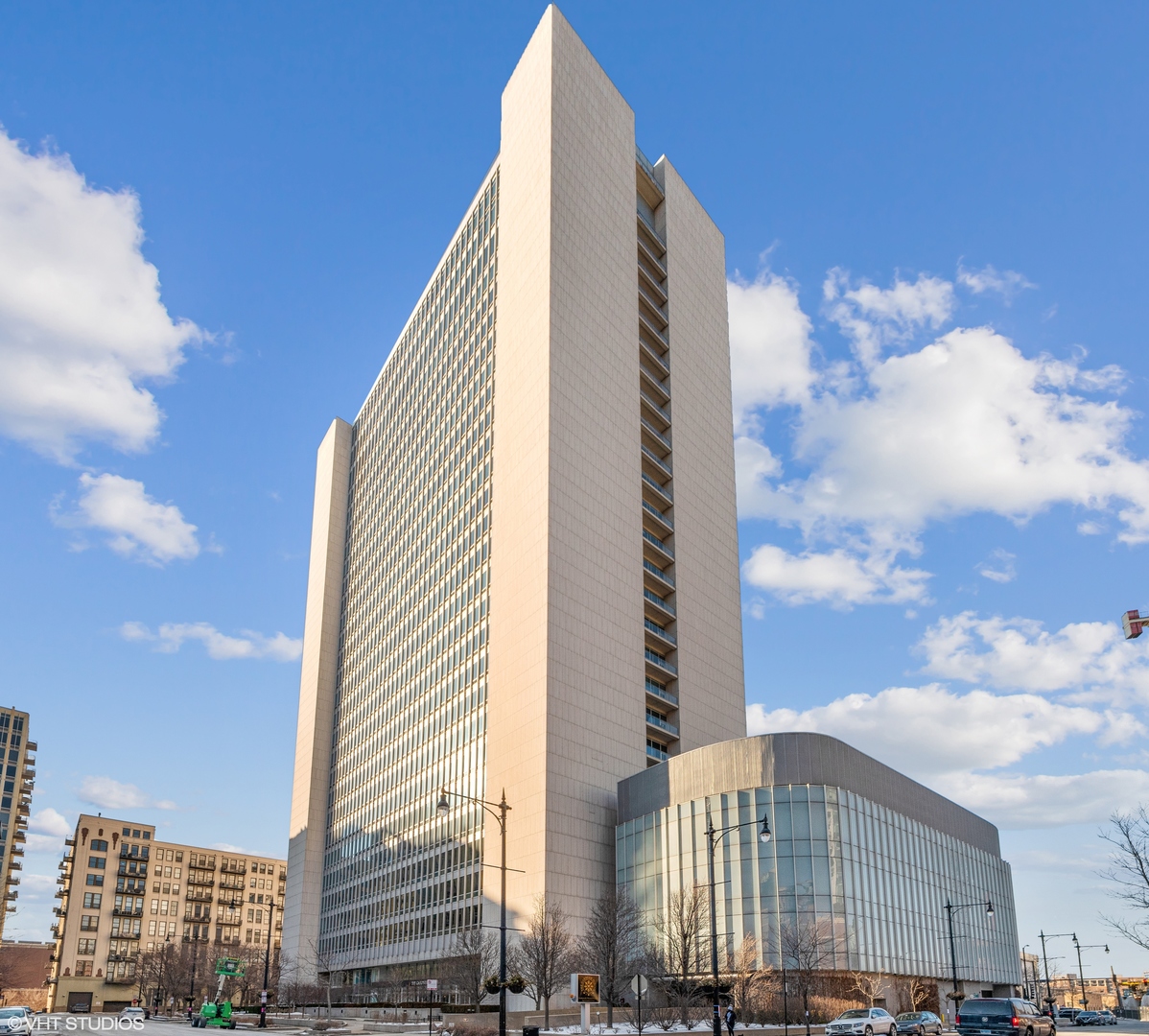 a view of a city with tall buildings