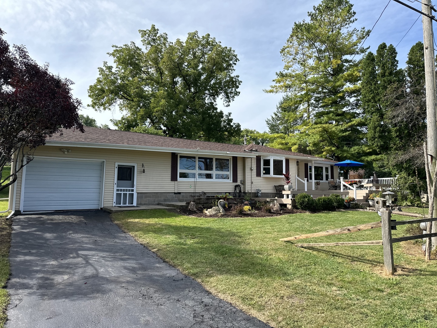 a front view of a house with a yard and trees