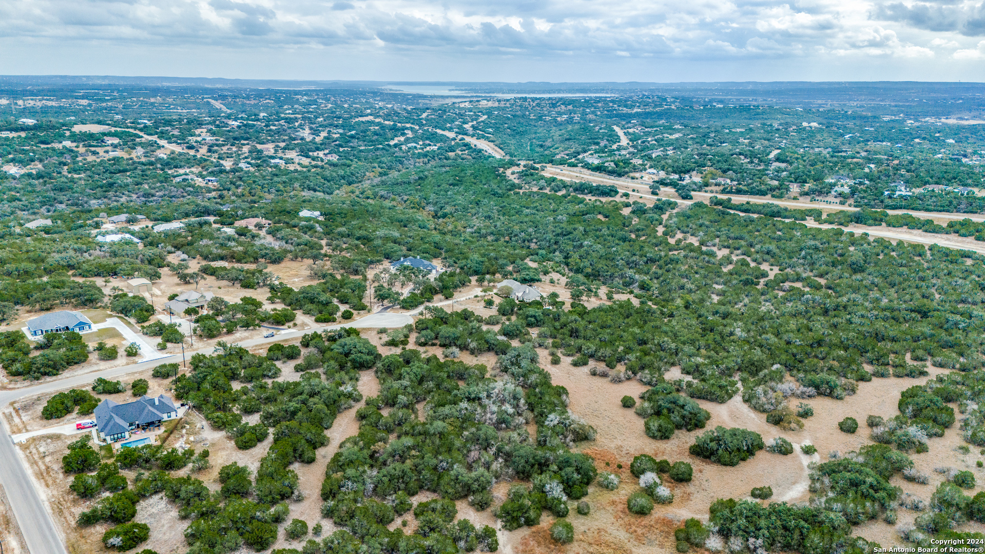 an aerial view of residential houses with outdoor space and trees