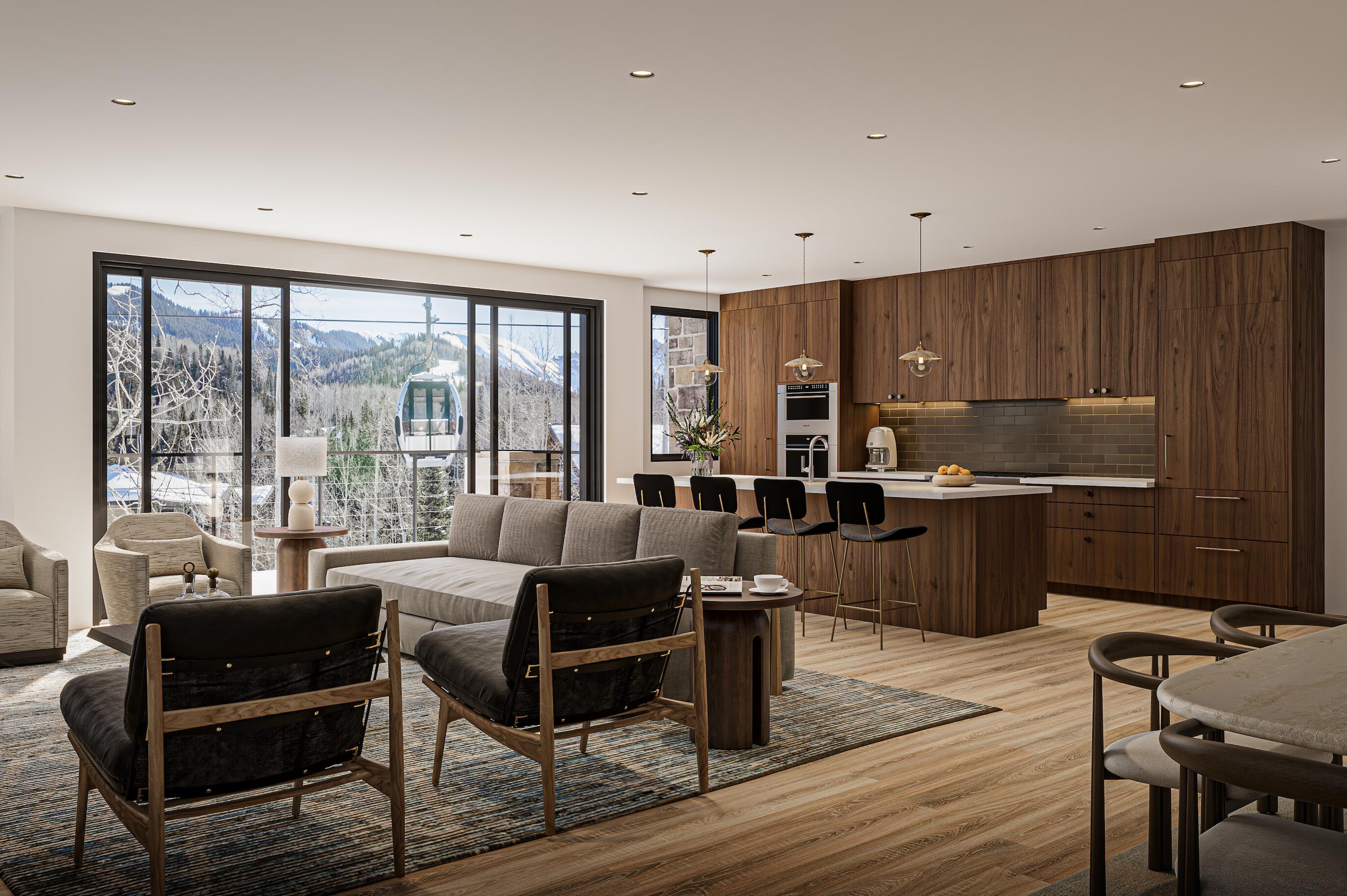 a living room with furniture a large window with wooden floor