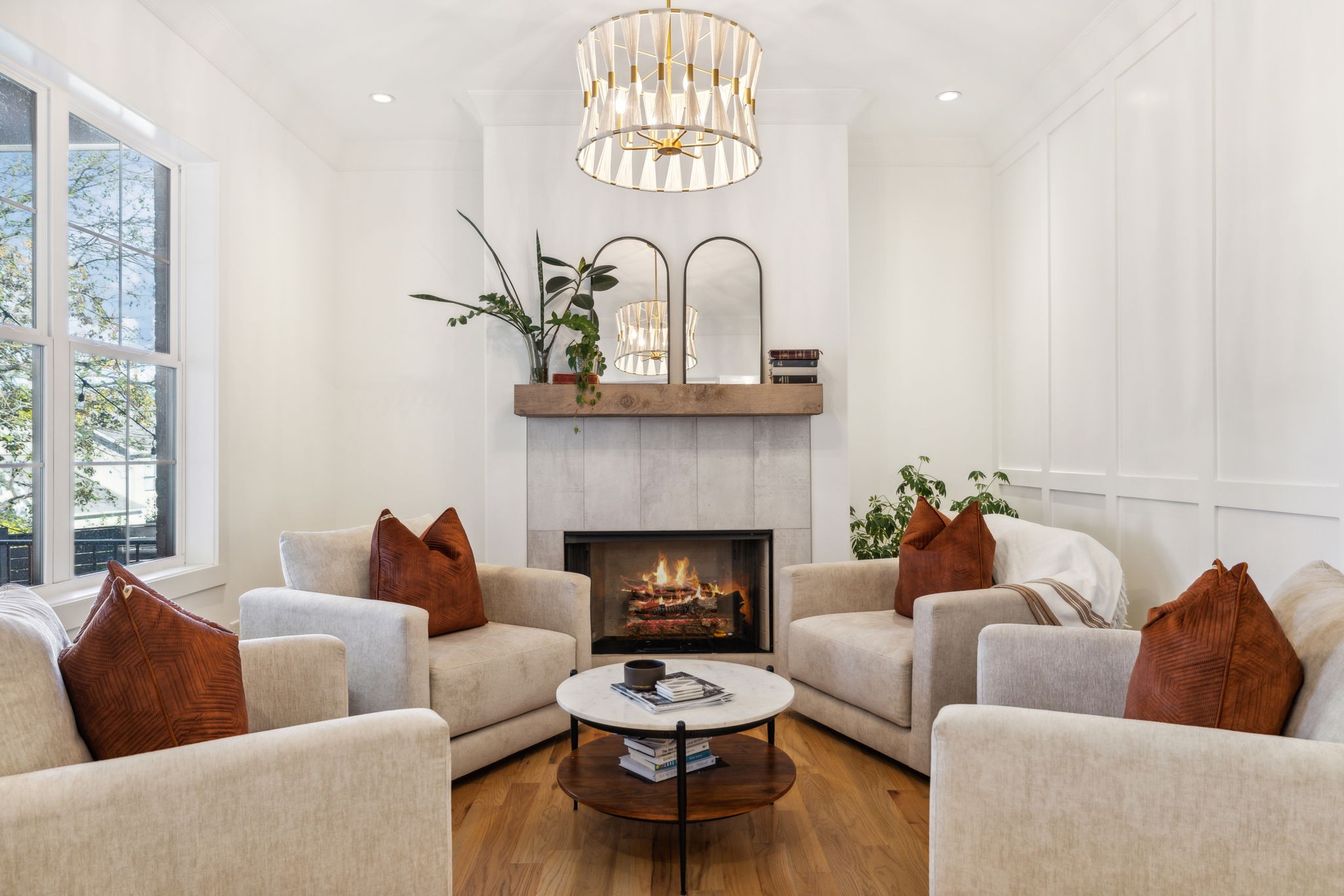 Second living area with wood mantle