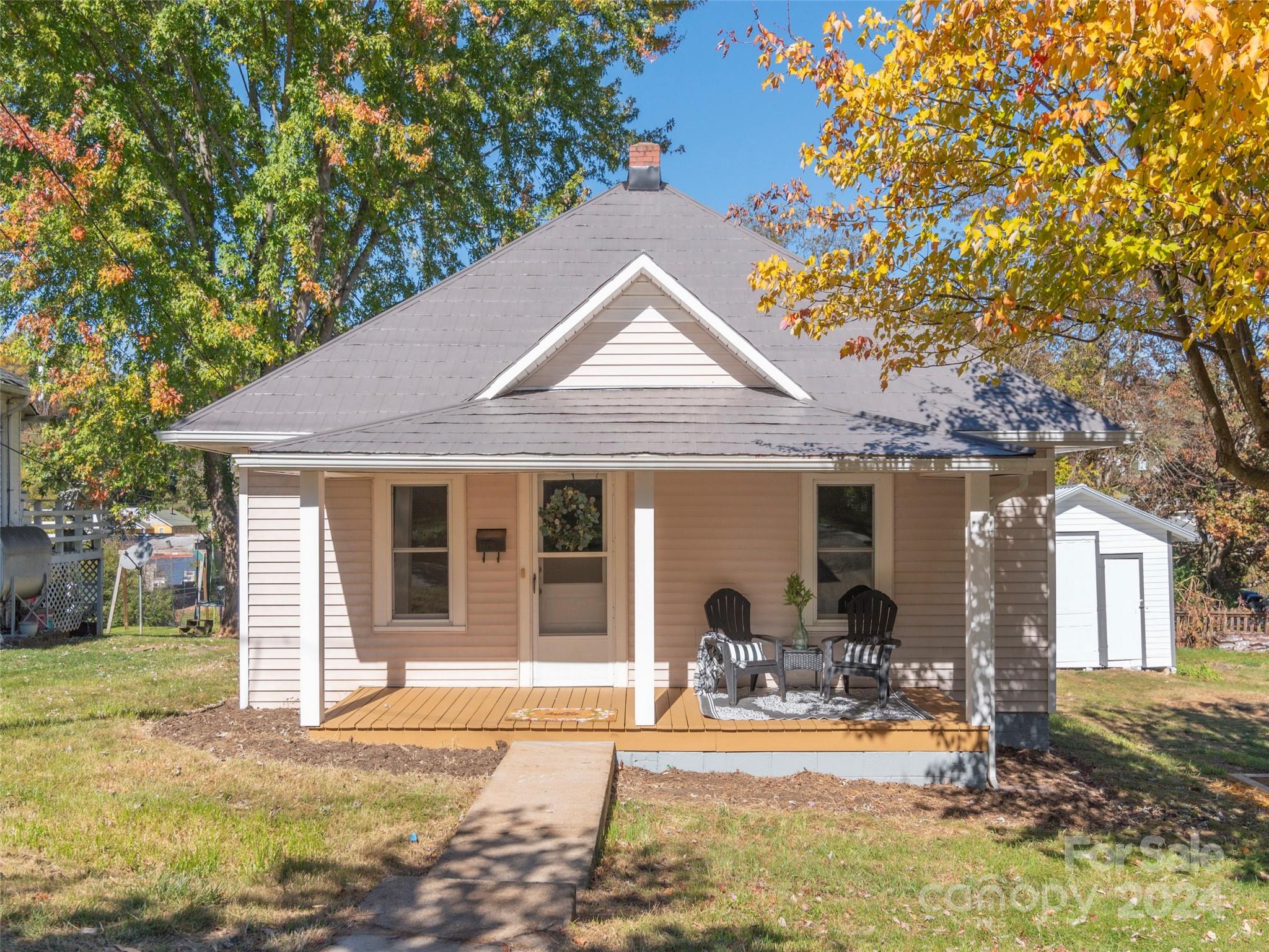 a front view of a house with patio