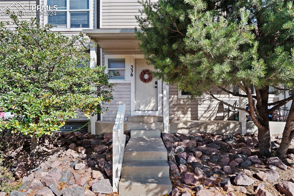 a front view of a house with a tree