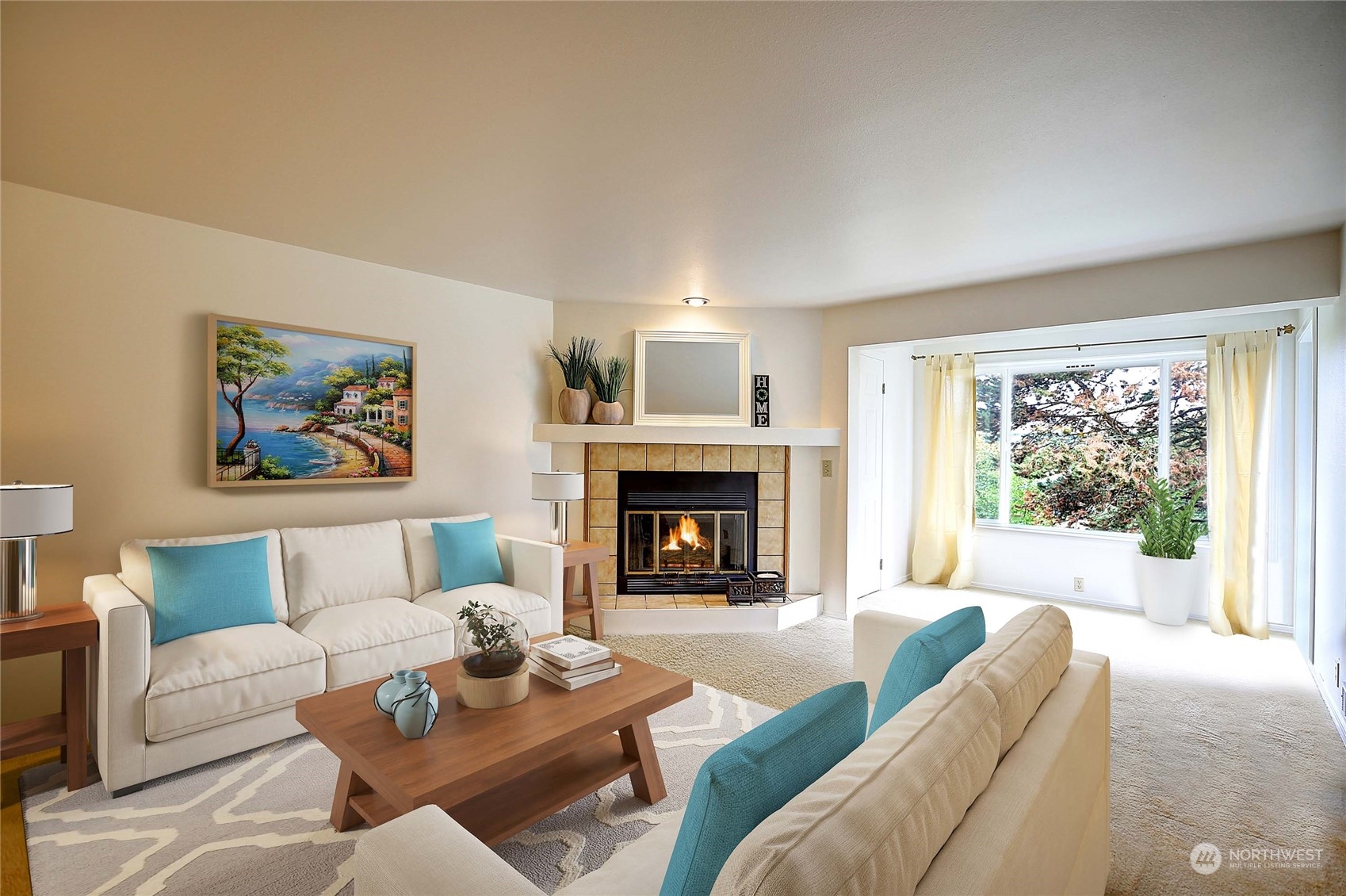 a living room with furniture and a fireplace