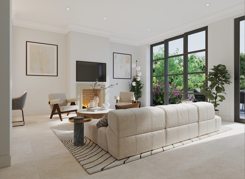 a living room with furniture a large window and a flat screen tv