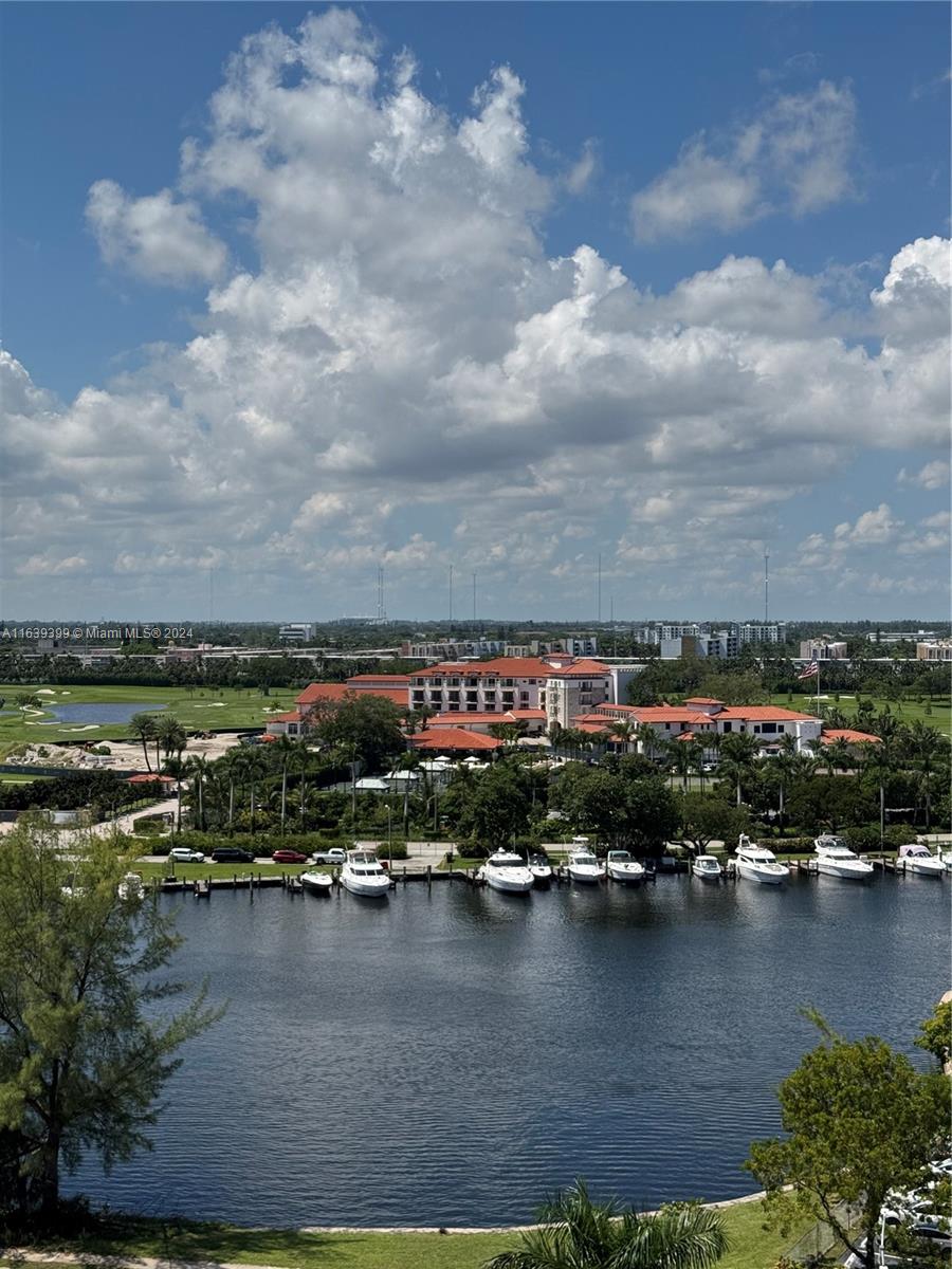 an aerial view of residential building and lake