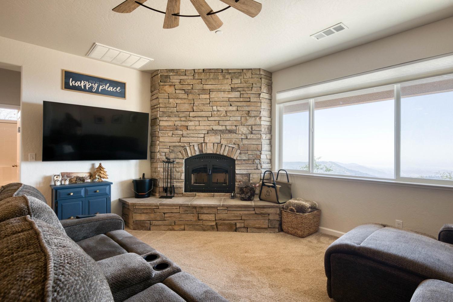 a living room with furniture a flat screen tv and a fireplace