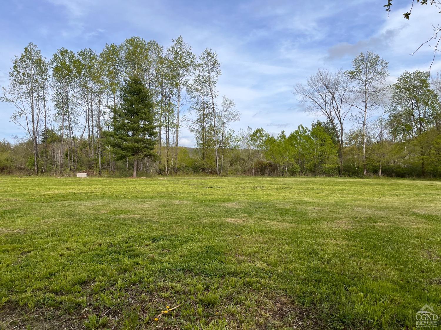 a view of a field with trees around