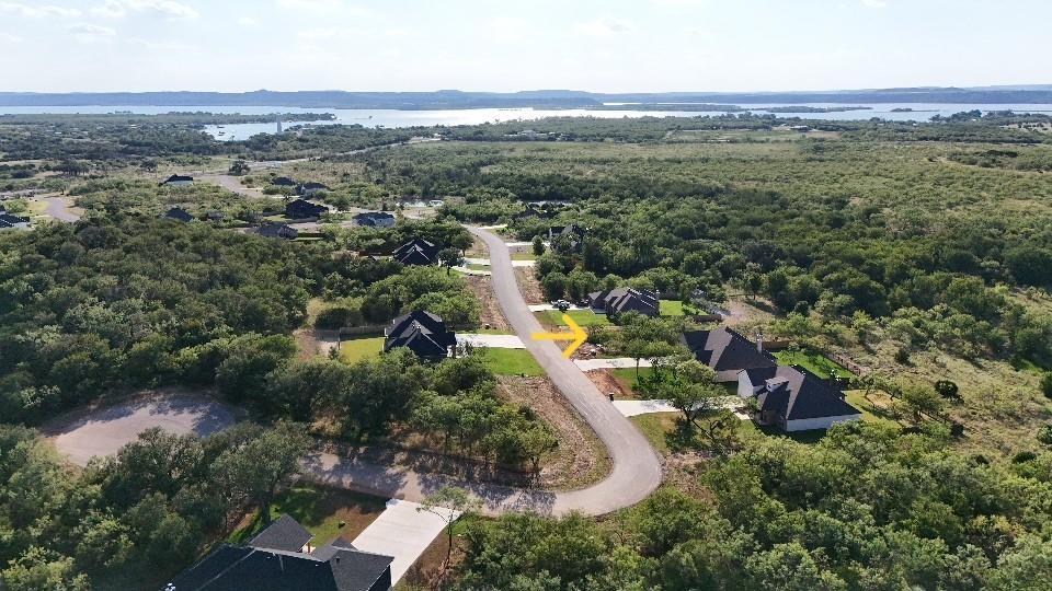 an aerial view of a town with trees