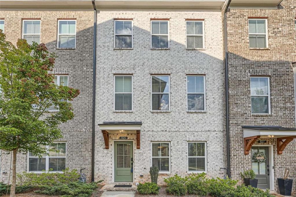 a brick building with a large windows