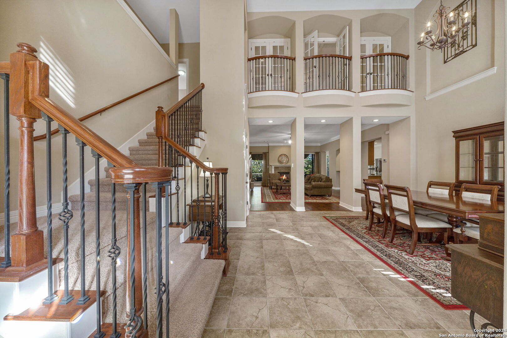 a view of a hallway with seating area