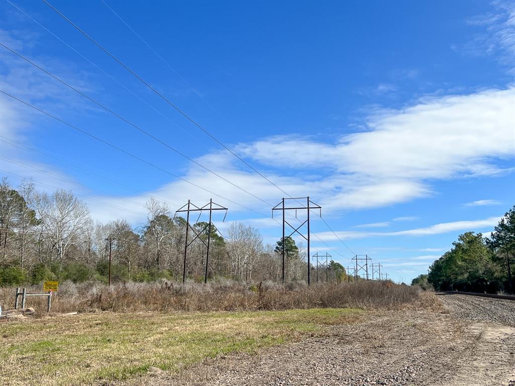 a view of a dry yard with trees in the background