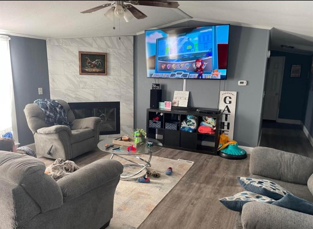 a living room with furniture and a fireplace