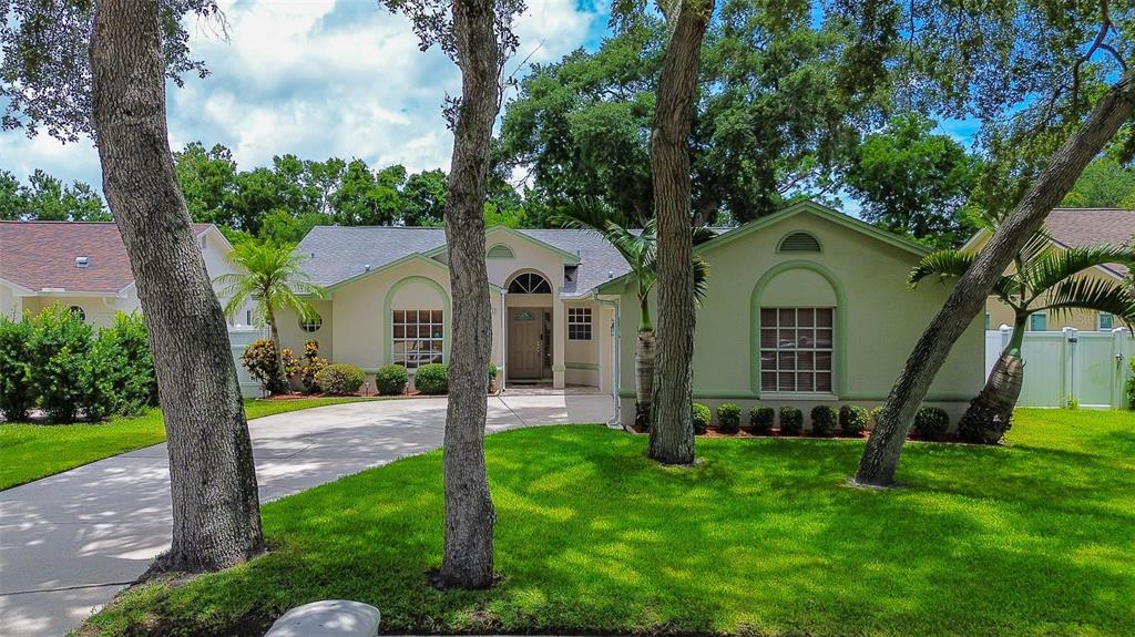 a front view of a house with a yard and an tree