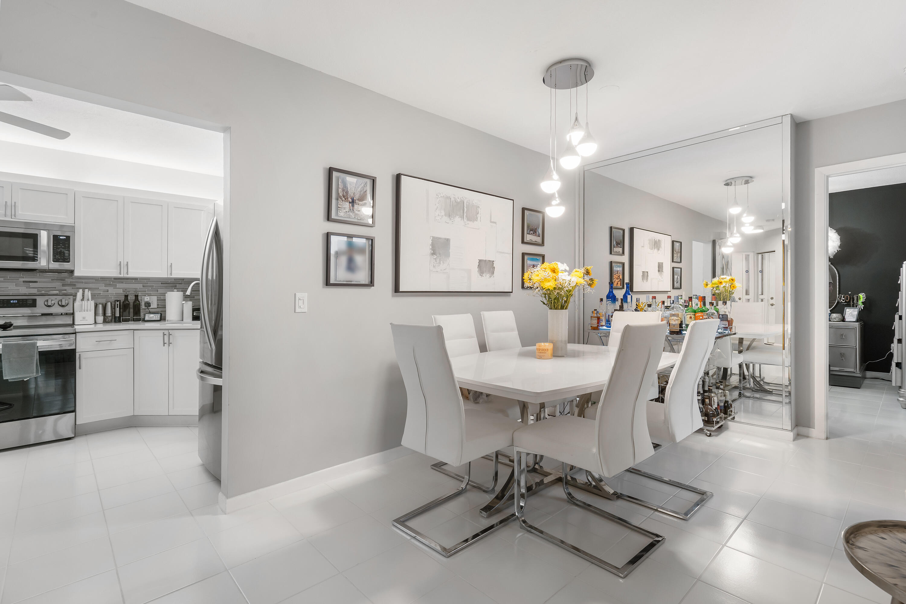 a view of a dining room with furniture