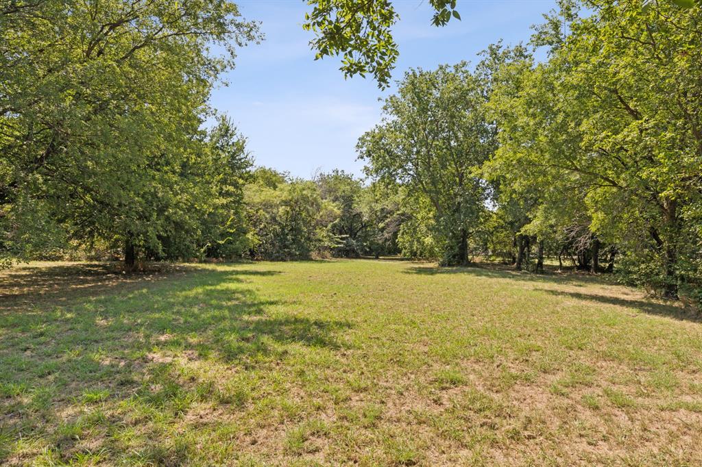 a view of a field with trees in the background