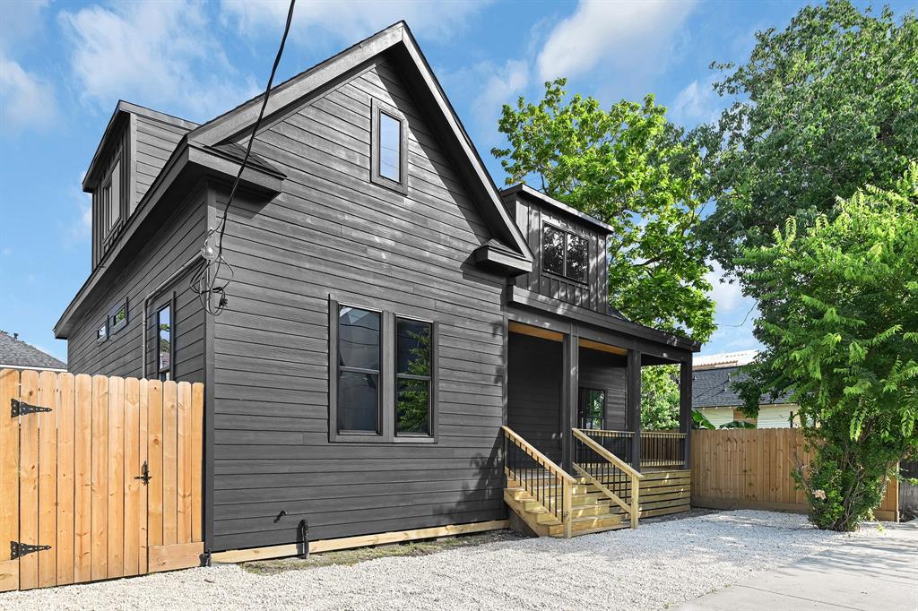 a front view of a house with patio