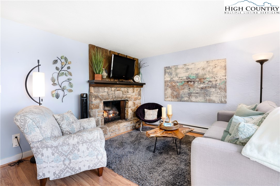 a living room with furniture a flat screen tv and a fireplace