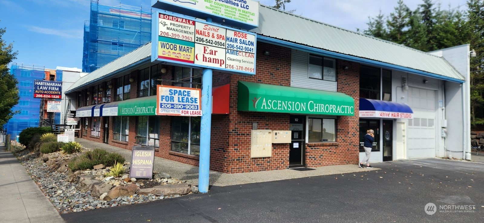 a front view of a building with street