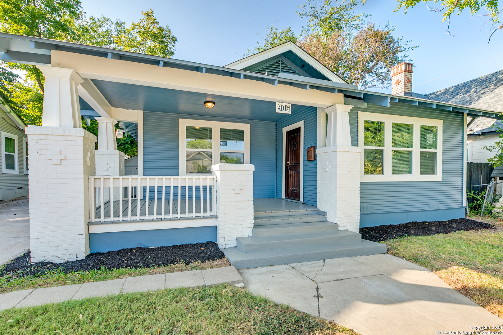 a porch with seating space