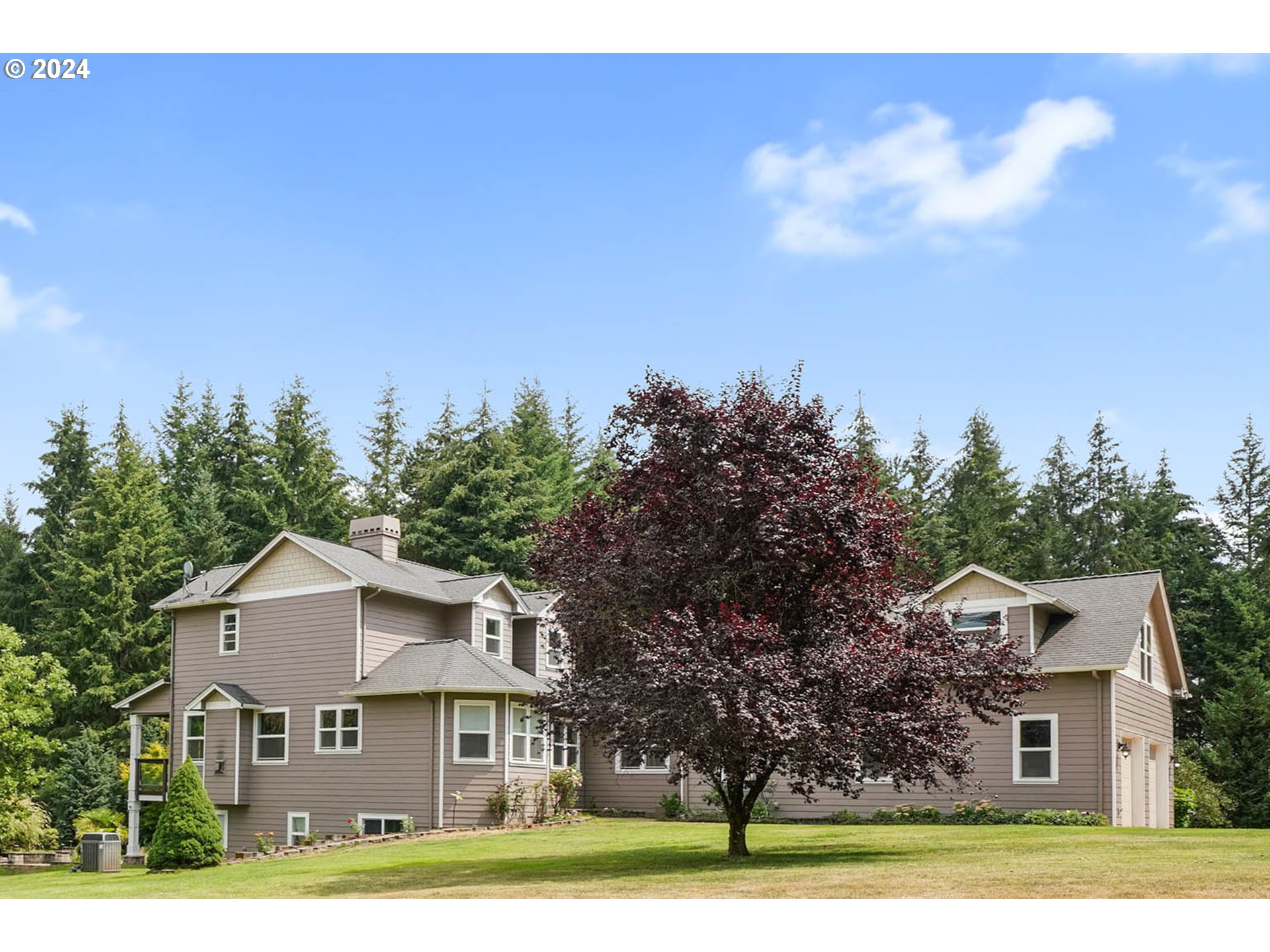 a front view of a house with a yard and trees