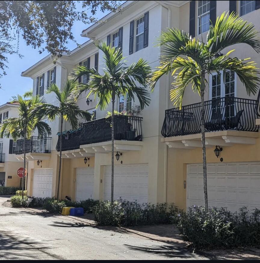 a palm tree sitting in front of a building