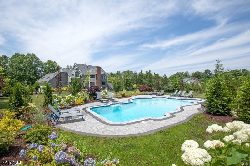 a view of a swimming pool with a yard and plants