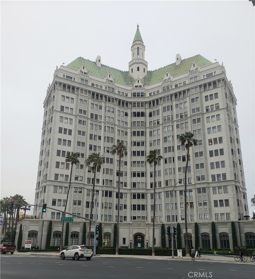 a view of a building with a street